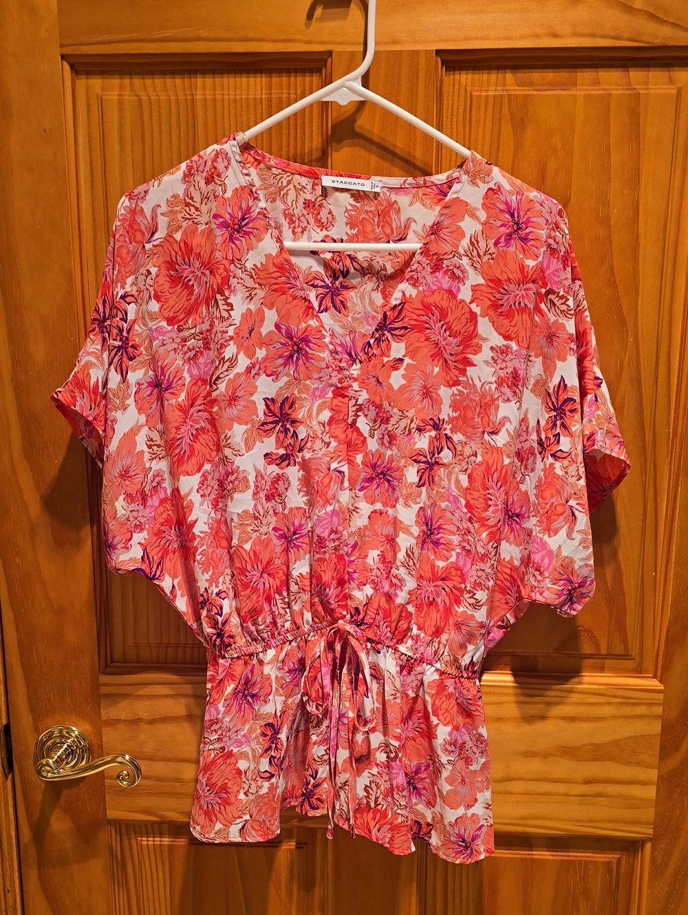 Staccato Coral & Pink Floral V-Neck Drawstring Top
